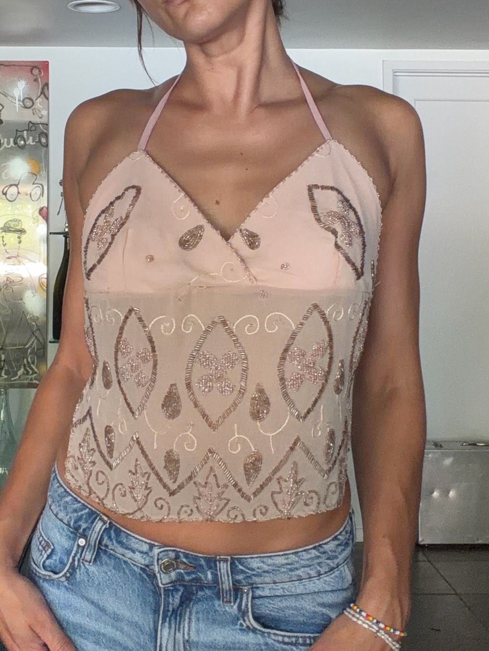 Handmade beaded backless halter top